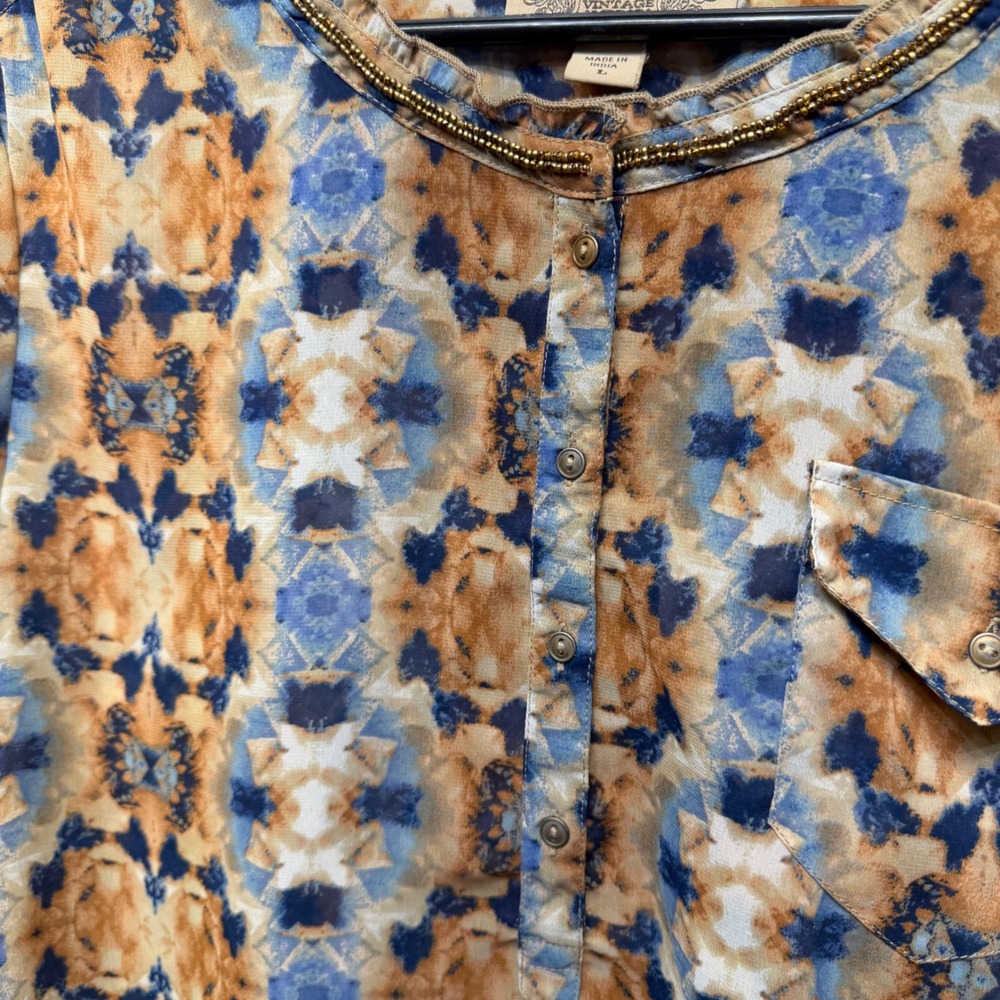 Nine West Vintage America Blouse Blue Orange Ikat Beaded Neck 3/4 Sleeve Large - Picture 6 of 8